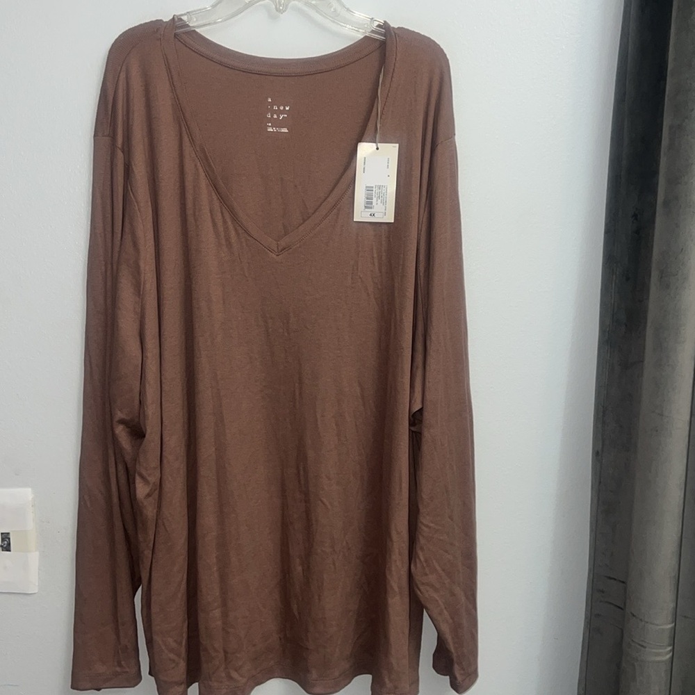 A new day women's Mauve basic long sleeve v-neck shirt -4X